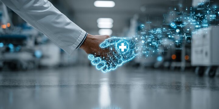 Doctor hand shaking digital robotic hand with medical interface icons representing ai healthcare collaboration