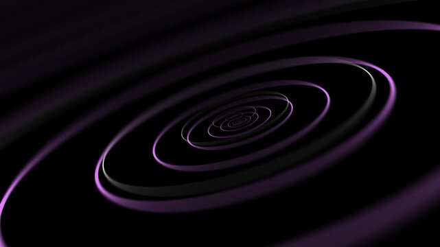 Abstract purple rings rotating in deep space. Glowing neon circles forming an infinite tunnel. Sci-fi motion graphic background for digital tech communication.