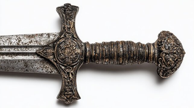Antique medieval sword with ornate hilt on a white background