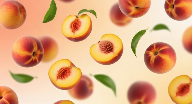 Whole Halved Peaches Falling Motion Blur Warm Gradient Dreamy 4K