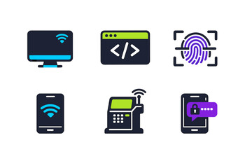 Fototapeta premium A collection of six modern technology icons featuring a computer