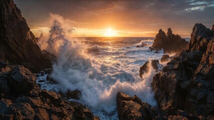 Fototapeta premium Cliff encircled cove with crashing surf and sunset horizon