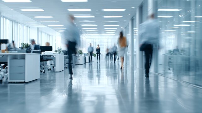 Corporate Commute: Blurred figures traverse a modern office corridor, suggesting a dynamic atmosphere of ambition and professional activity, a testament to the fast-paced life.