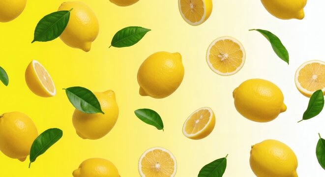 Whole Lemons Lemon Slices Falling Floating Motion Blur Bright 4K