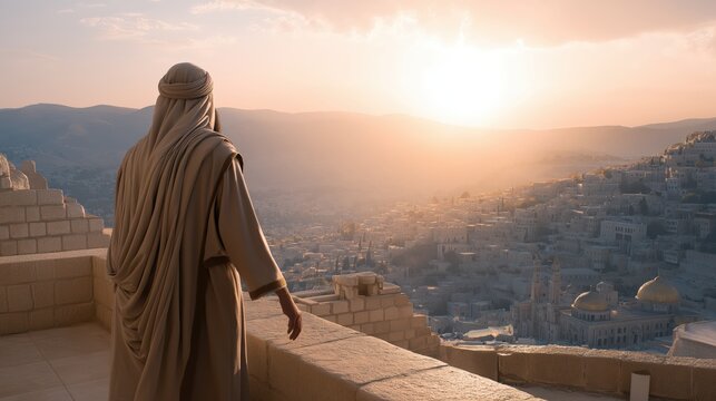 David observing Bathsheba from the palace rooftop at twilight, a moment of temptation and moral tension in the biblical story of David&rsquo;s fall (2 Samuel 11).