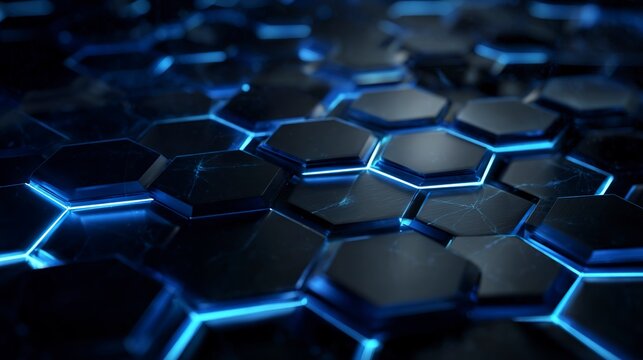 Geometric Abstraction of Hexagon Cells: An intricate design showcases a mesmerizing network of hexagon cells. Illuminated with streaks of blue, creating a modern and futuristic aesthetic. 