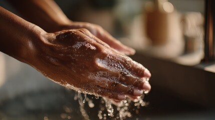Fototapeta premium Close-up of a Black woman's hands washing with soap, focusing on lather and fingertips in a hygiene moment