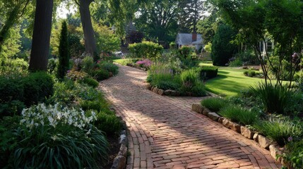 Fototapeta premium Brick-paved garden path beside bright green lawns and curated plant borders under gentle morning light