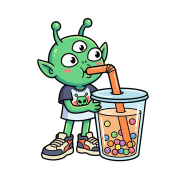 Cute green alien character enjoying a delicious bubble tea drink with colorful pearls.