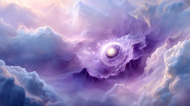 Hypnotic swirling purple patterns with a radiant orb surrounded by ethereal clouds.