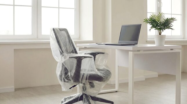 April Fools Office: Bubble Wrapped Chair by White Desk