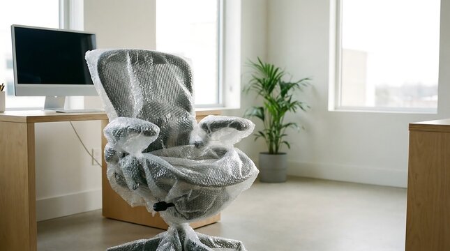 April Fools Office: Plastic Wrapped Office Chair in Workspace