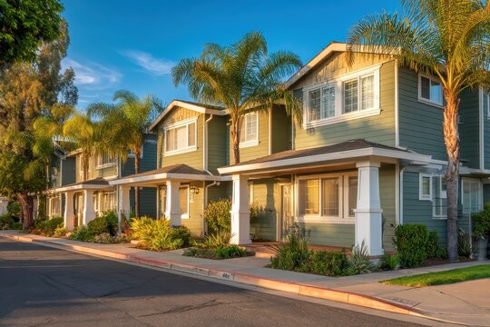 Coastal California residential duplex architecture featuring green siding and bright windows