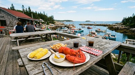 Obraz premium Wide Angle of Outdoor Coastal Maine Lobster Shack Table with Whole Lobster Corn Melted Butter and Sea View in Summer Light No Face No Branding No Text