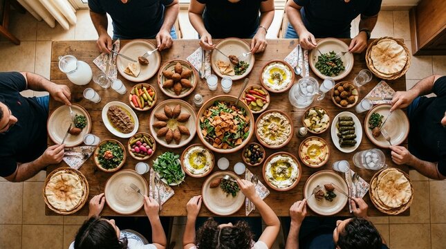 Aerial View of Lebanese Family Meze Sunday Lunch Table with Kibbeh Fattoush Labneh and Arak in Warm Domestic Light No Face No Branding No Text