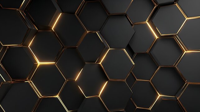 Hexagonal Elegance: A close-up view unveils an intricately designed surface composed of textured, black hexagons accentuated with subtle golden highlights.
