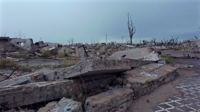 Drone flight from inside a construction until revealing the magnitude of damage in Villa Epecuen. Stormy, gloomy, and devastating atmosphere.