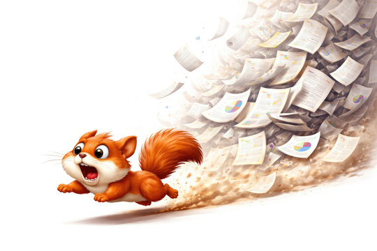 A red squirrel runs away from a whirlwind of flying office documents. Space for text.