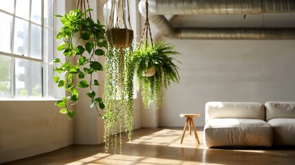 Fototapeta premium Minimalist living space featuring trailing houseplants from ceiling