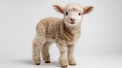 Fototapeta premium Lamb standing and looking toward camera on grey studio floor