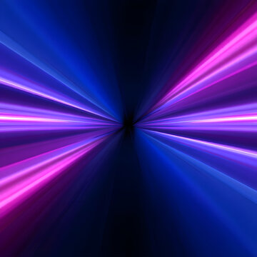Parallel blue and pink light rays vanish into a distant dark point.