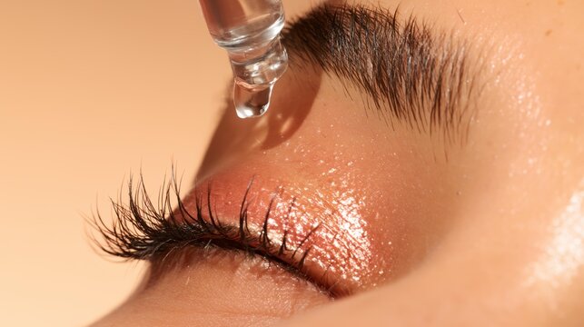 Human eye receiving facial serum drop