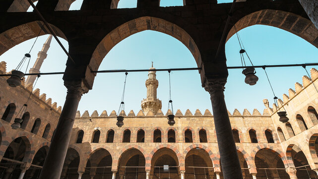 The beautiful interior view of an Nasir ibnu Qalawun mosque and minaret at cairo egypt on sunny day