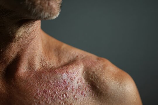 Close-up photograph of shingles rash along a dermatomal band on the shoulder and upper chest