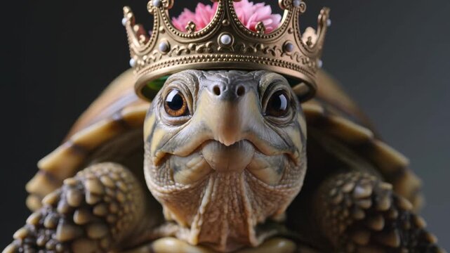 A regal turtle wearing a pink crown sits proudly indoors facing forward.