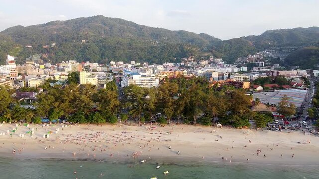 Aerial view of Patong Beach at sunset in Phuket, Thailand