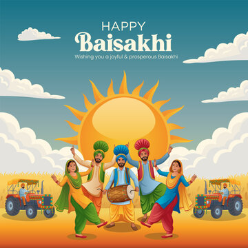 Punjabi Harvest Festival Baisakhi Vector Art with Folk Dance, Tractor and Rural Landscape