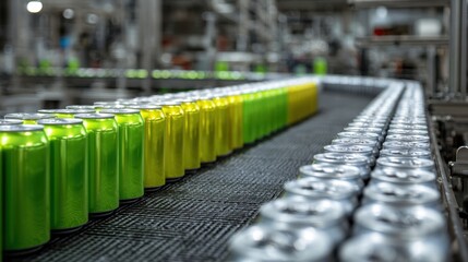 Fototapeta premium Rows of beverage cans moving on production line conveyor