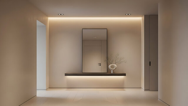 Modern bathroom interior with shower, Minimalist home entryway with modern console table and mirror.