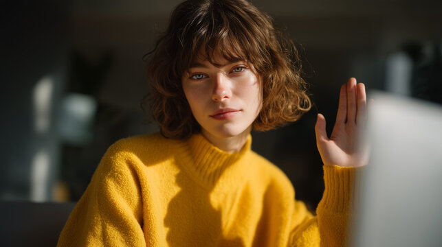 Young freelancer confidently rejecting lowball project bid via email, empowered expression in minimalist home workspace, spring light streaming through window, ideal for rate negotiation, value asse