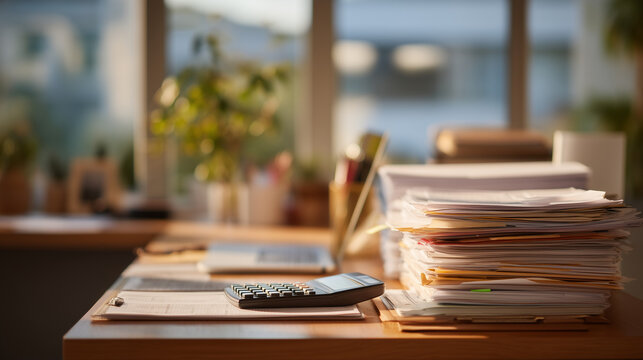 Tax preparation professional organizing small business receipts and forms across desk calculator and highlighters multiple document stacks April deadline calendar visible home office with plants aft