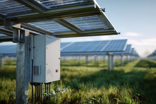Back view of an outdoor solar panel array with an inverter cabinet in a field