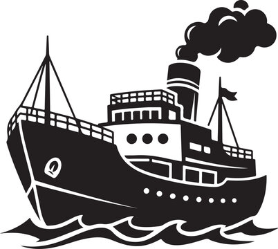 Vintage cargo ship sailing on ocean waves with smoke stack  industrial transport vessel