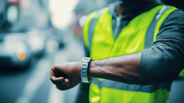 Supply Chain Disruption, Man wristwatch reflective vest arm street urban supply chain disruption time waiting traffic safety casual outdoor