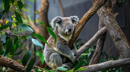Fototapeta premium A koala bear perched on a tree branch, surrounded by lush green foliage