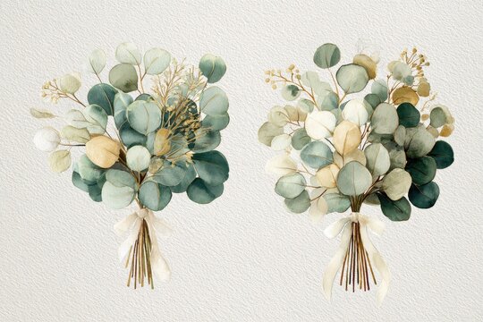 Gentle watercolor study of eucalyptus bouquets for bridal stationery