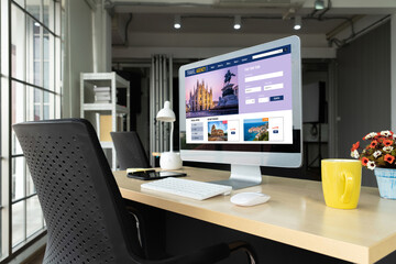 Naklejka premium Online travel agency website for modish search and travel planning offers deal and package for flight , hotel and tour booking
