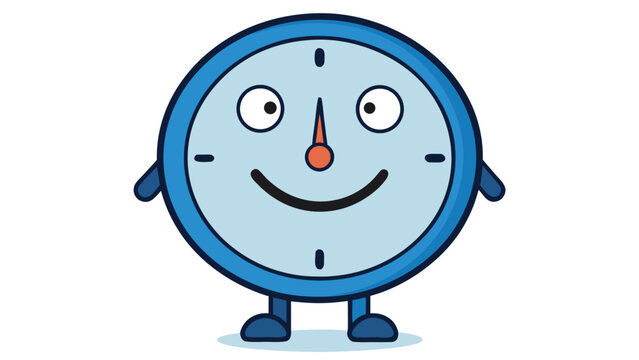 Happy blue cartoon clock character with arms and legs smiling on a white background, representing time management and punctuality.