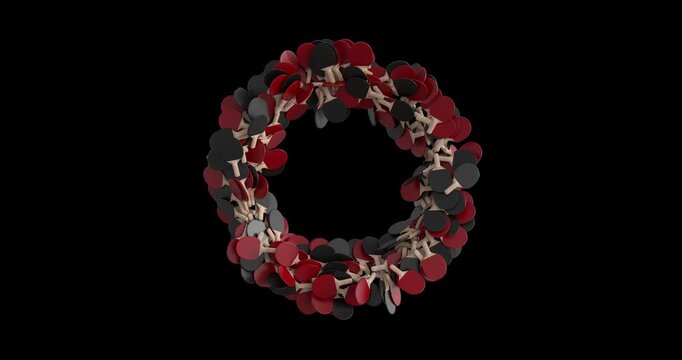 Circular 3D ping pong paddle ring animation made of red and black table tennis paddles rotating in a clean loop. Ideal for sports intros, logo reveals, dynamic overlays, and energetic motion graphics.