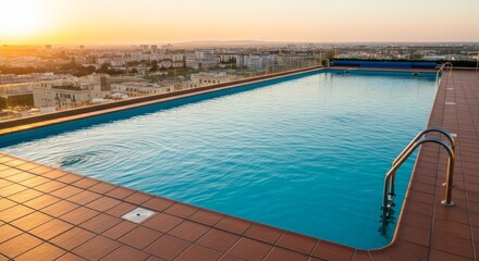 Fototapeta premium Rooftop swimming pool at sunset with city skyline view