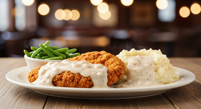 A close-up, studio-quality photograph features a plate of country-fried steak, mashed potatoes, and green beans set on a rustic wooden table, with a blurred restaurant interior in the background.