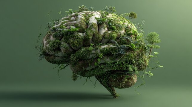 3D brain wrapped in lush plants against a green background, a sustainability themed illustration