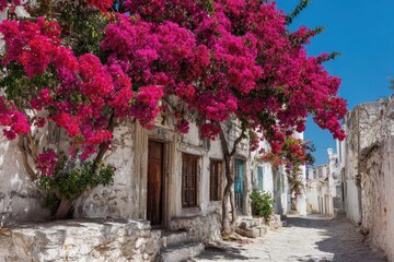 Obraz premium Bougainvillea on a whitewashed wall in a Greek island village; vibrant magenta blossoms against Mediterranean light