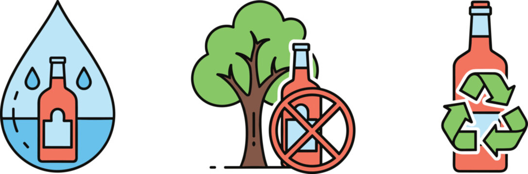 Eco-Friendly Recycling and Sustainability Icon Set Featuring Water Bottles, Trees, and Recycling Symbols for Web, Apps, and Digital Media Designs