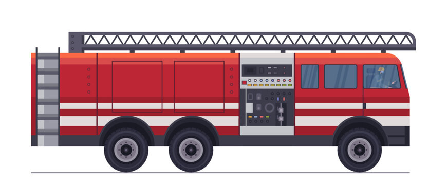 Illustration of a red fire truck with ladder, equipment compartments, and firefighter inside the cab. Emergency response vehicle symbolizing safety, rescue, and firefighting. Vector Not AI generated.