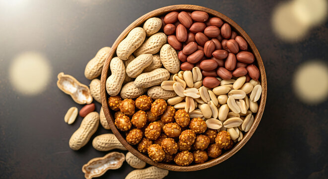 An overhead, close-up shot of a round, wooden bowl filled with four distinct varieties of peanuts, resting on a dark, textured surface.